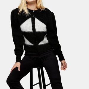 Topshop Brushed Knit Puff Sleeve Geometric Argyle Button Down Cardigan Sweater